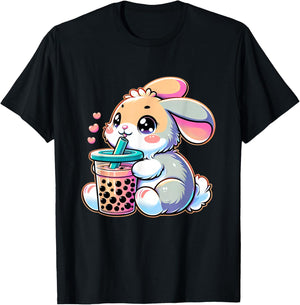 Cute Bunny Rabbit Drink Boba Tea Kawaii Easter For Kid Teen T-Shirt - T-Shirt | Black