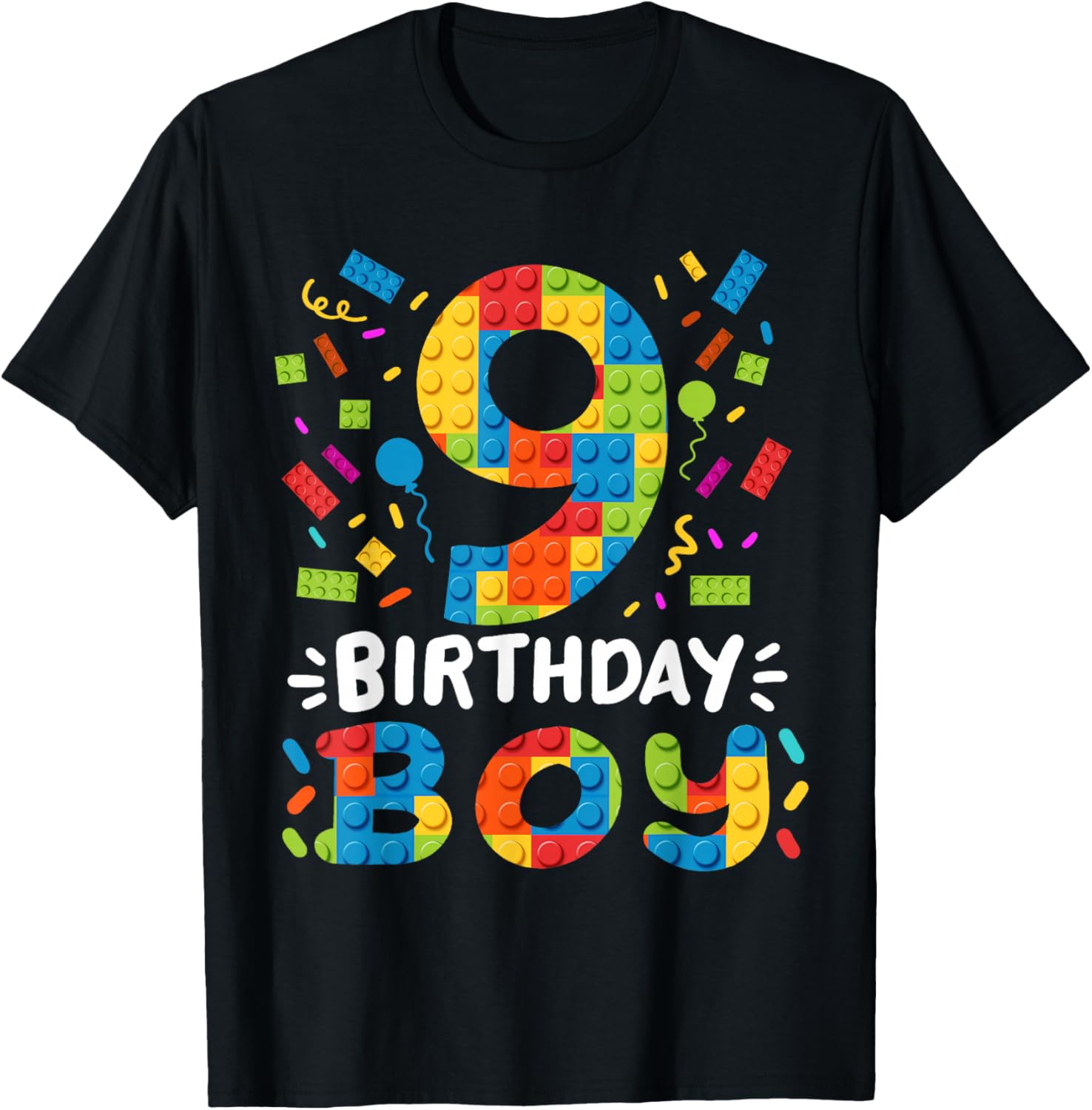 Kids 9 Years Old Building Blocks Builder 9th Birthday Boys T-Shirt - T-Shirt | Black