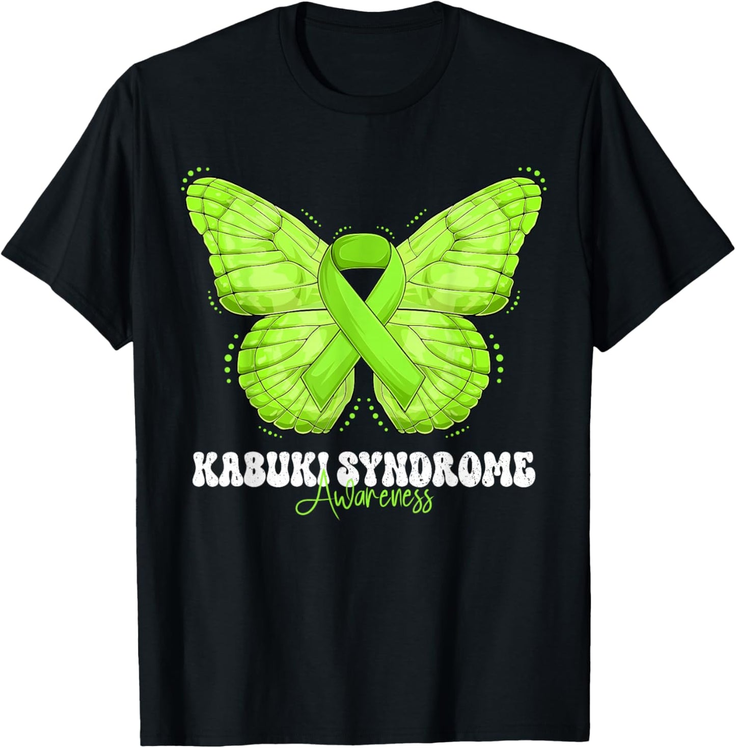 Kabuki Syndrome Awareness Month Lime Green Ribbon Butterfly T-Shirt - T-Shirt | Black