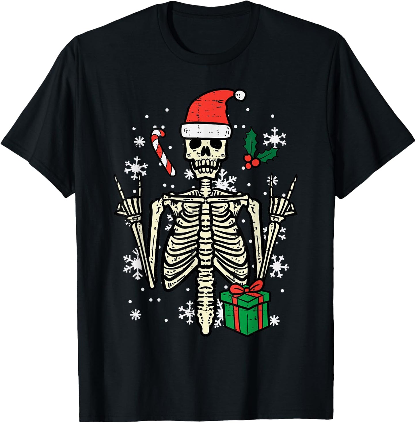 Christmas Rocker Skeleton Santa Rock Hand Xmas Men Boys Kids T-Shirt - T-Shirt | Black