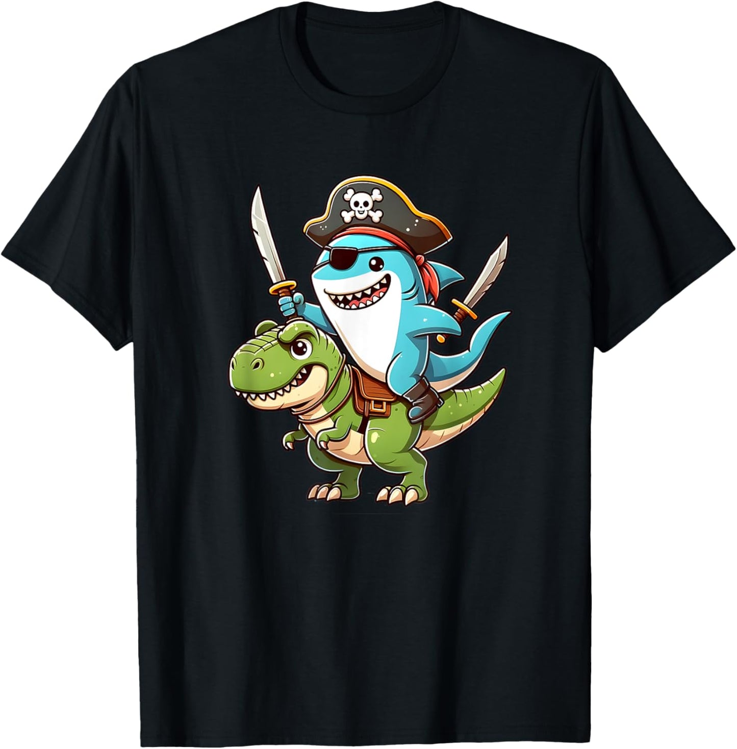Funny shark ride T Rex in a Pirate Costume T-Shirt - T-Shirt | Black