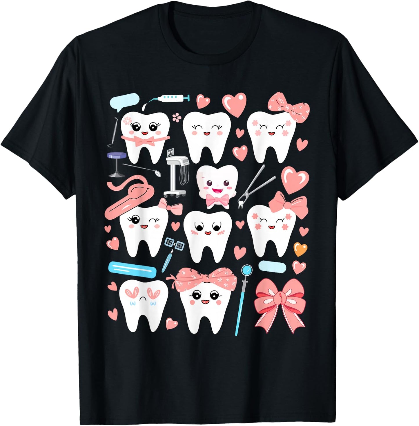 Pink Coquette Bow Cute Teeth Dentist Squad Dental Assistant T-Shirt - T-Shirt | Black