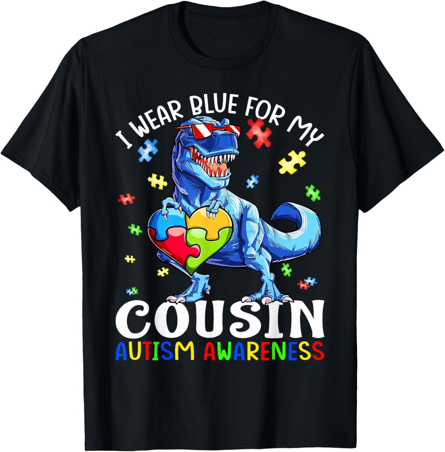 I Wear Blue For My Cousin Autism Awareness Dinosaur T Rex T-Shirt - T-Shirt | Black