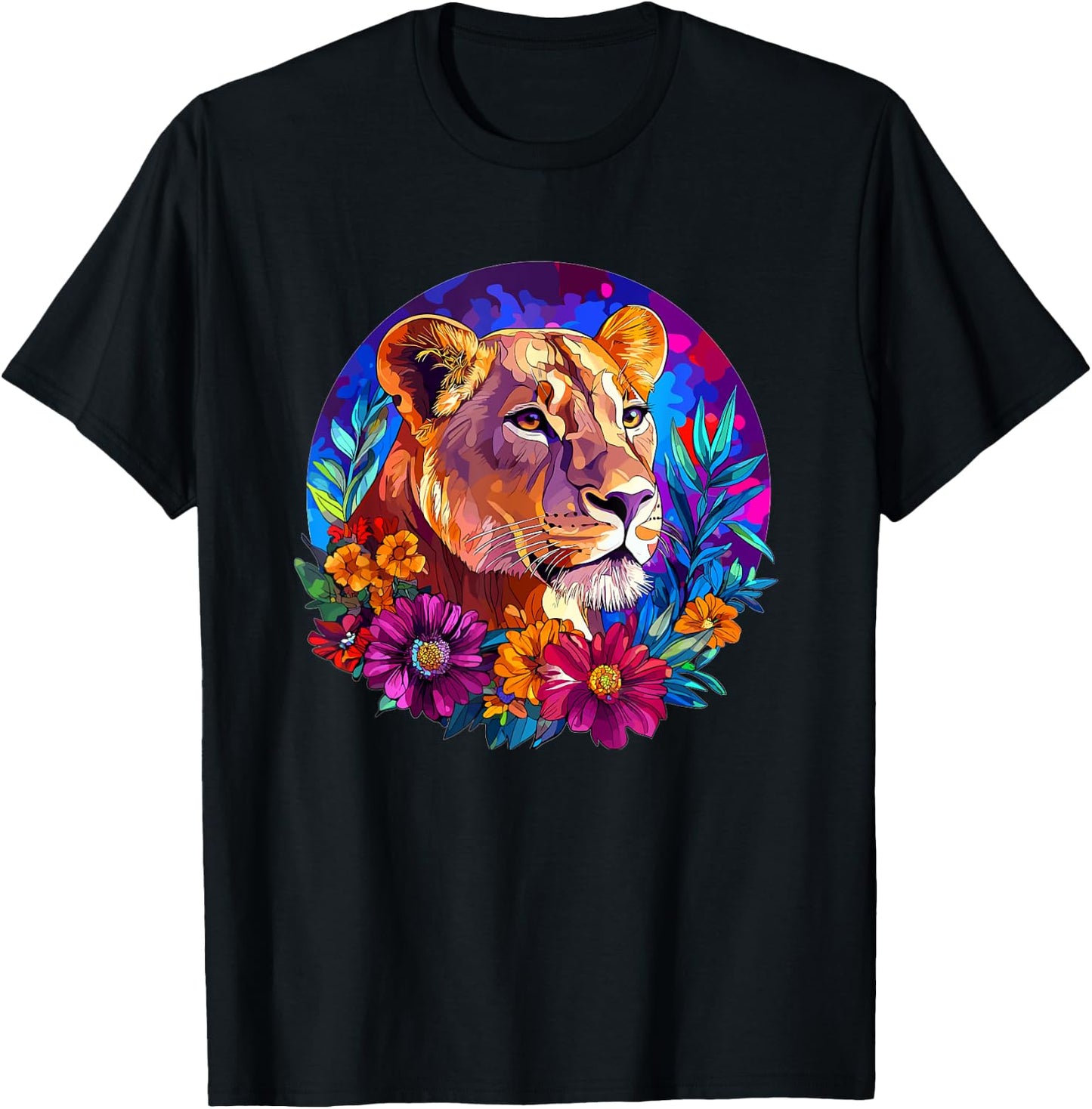 Lioness in Vibrant Floral Jungle T-Shirt - T-Shirt | Black