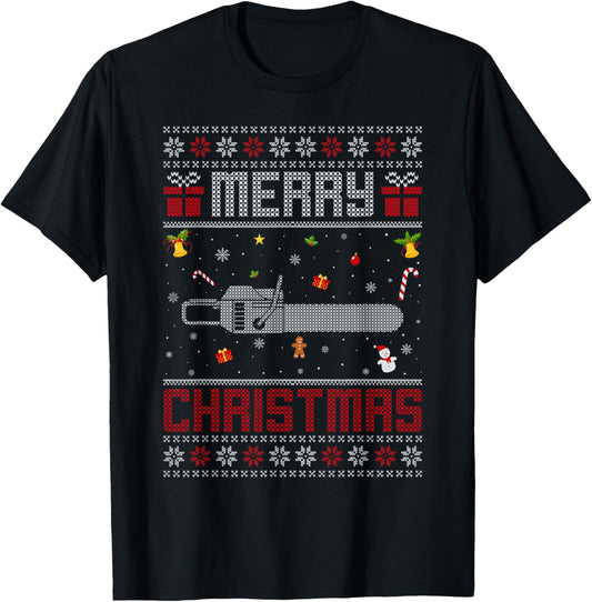 Ugly Chainsaw Christmas Decoration Funny Ugly Xmas Sweater T-Shirt - T-Shirt | Black