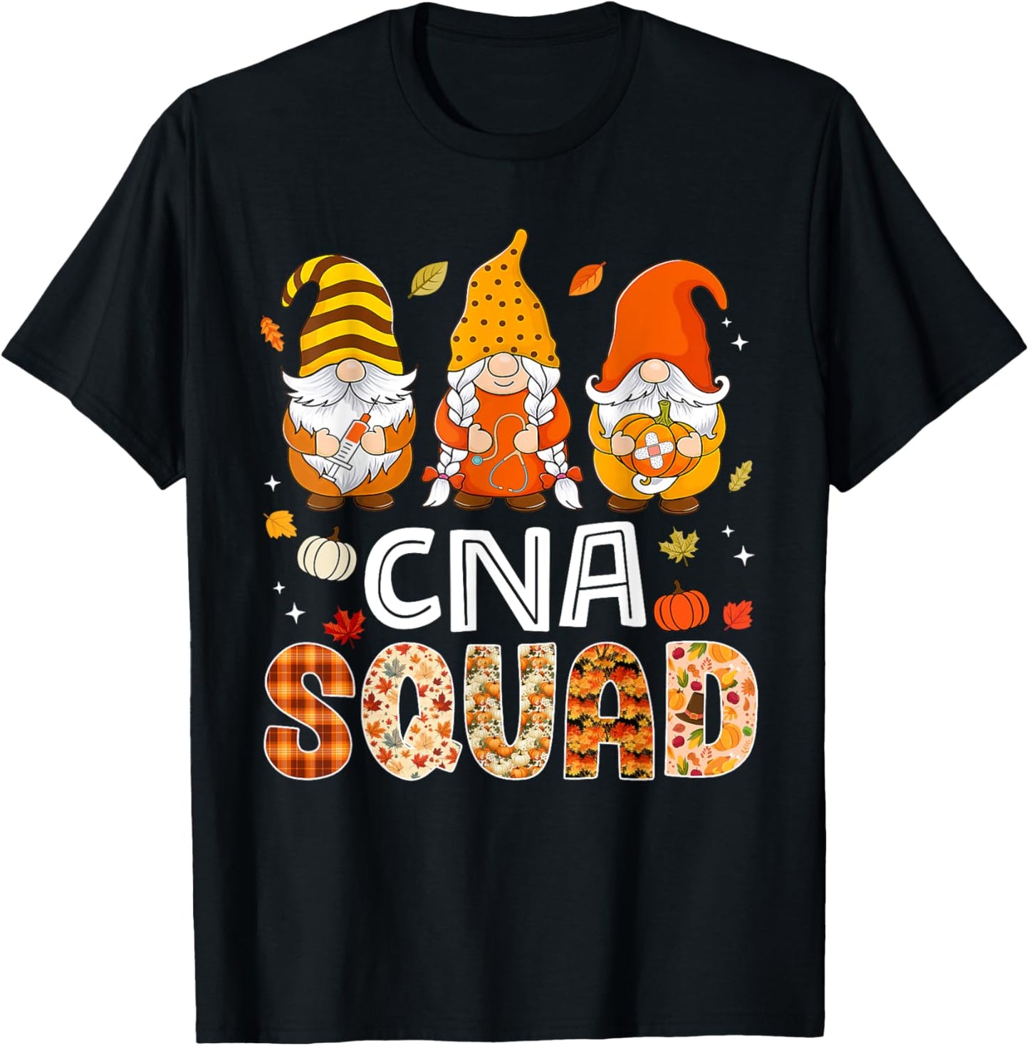 CNA Squad Gnome Nurse Leopard Thanksgiving Fall Stethoscope T-Shirt - T-Shirt | Black