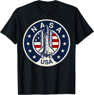 NASA USA Shuttle Rocket American Flag Logo T-Shirt - T-Shirt | Black