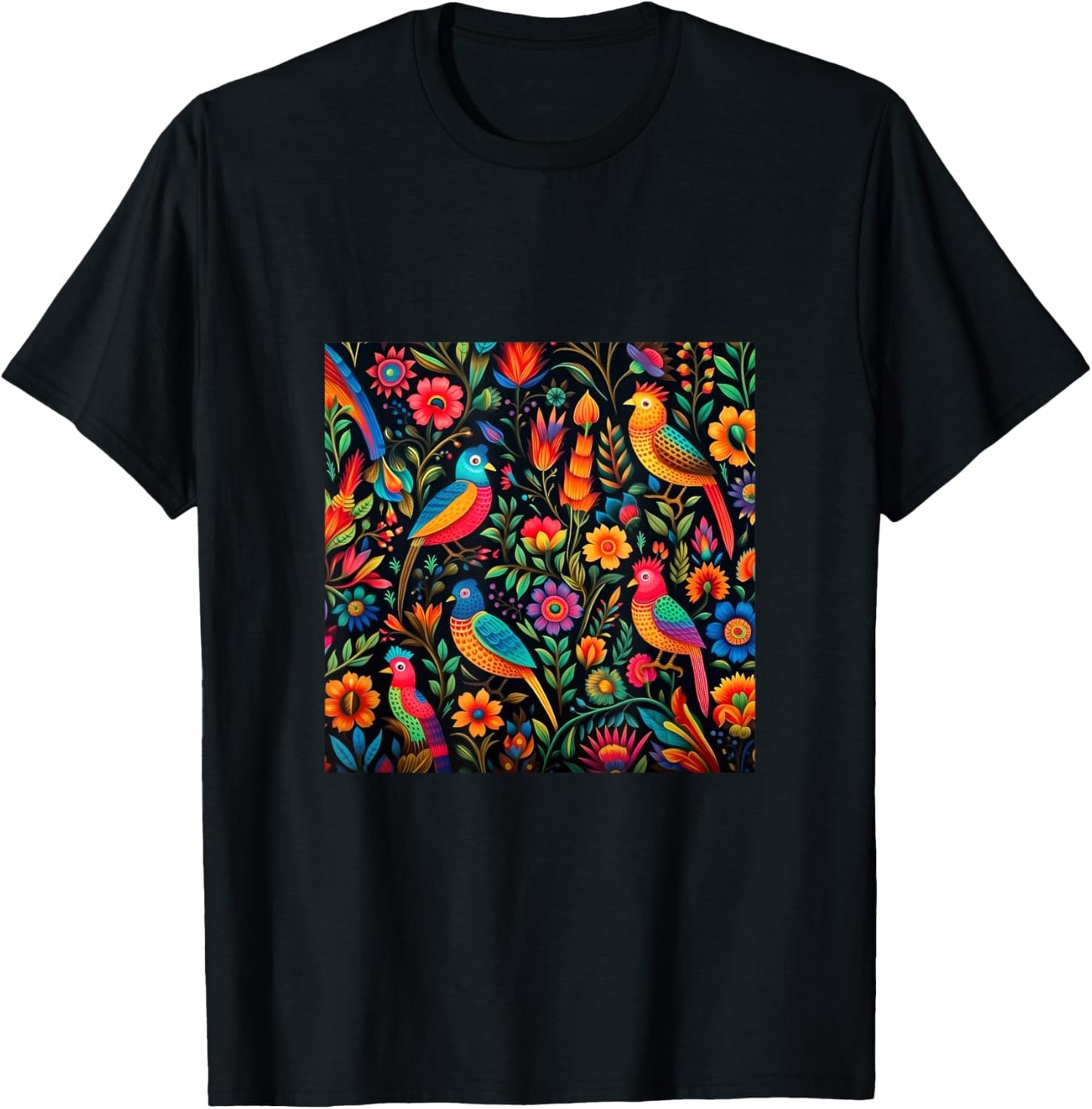 Mexican Embroidery Pattern Art Birds Flowers T-Shirt - T-Shirt | Black