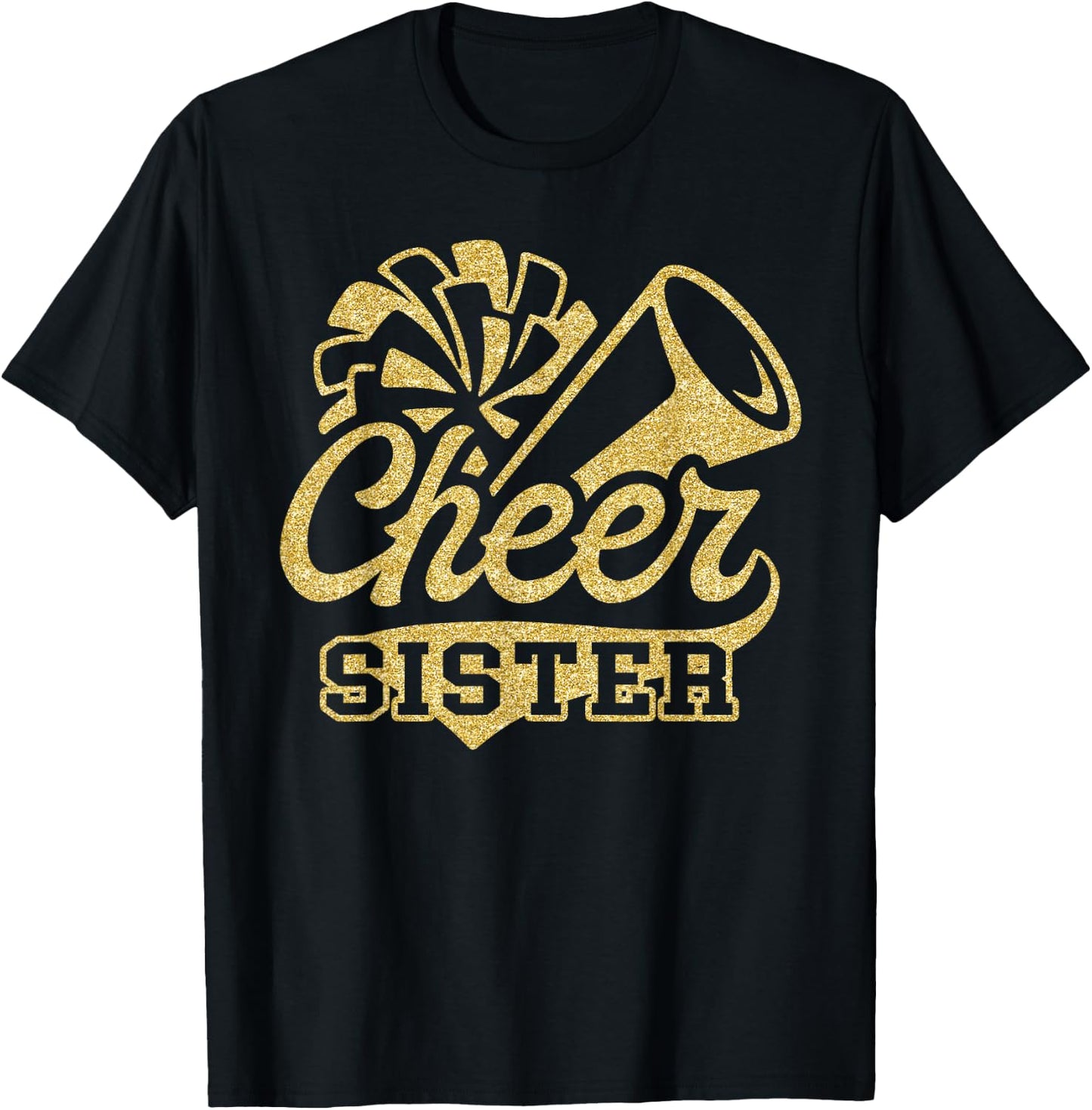 Cheer Sister Biggest Fan Black Yellow Gold Pom Pom T-Shirt - T-Shirt | Black