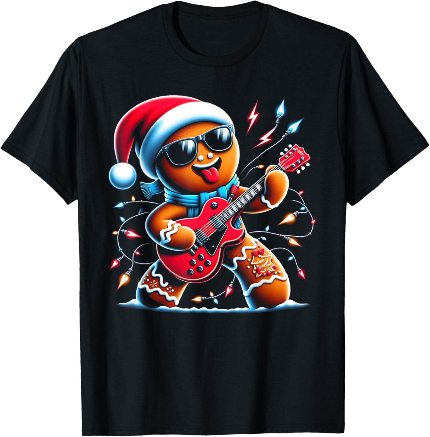 Rock Guitar Gingerbread Playing Guitar -Funny Christmas Kids T-Shirt - T-Shirt | Black