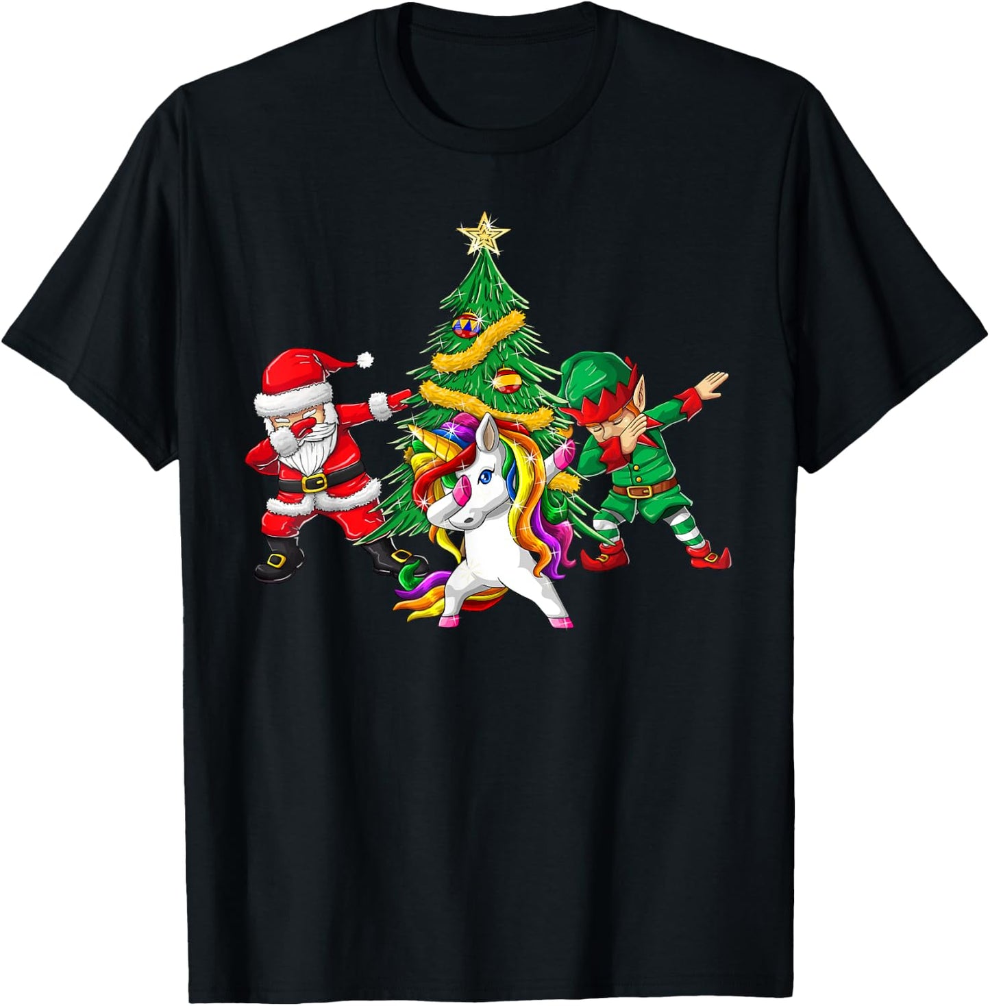 Dabbing Santa Elf Unicorn Christmas Tree Kids Boy Girl Gifts T-Shirt - T-Shirt | Black