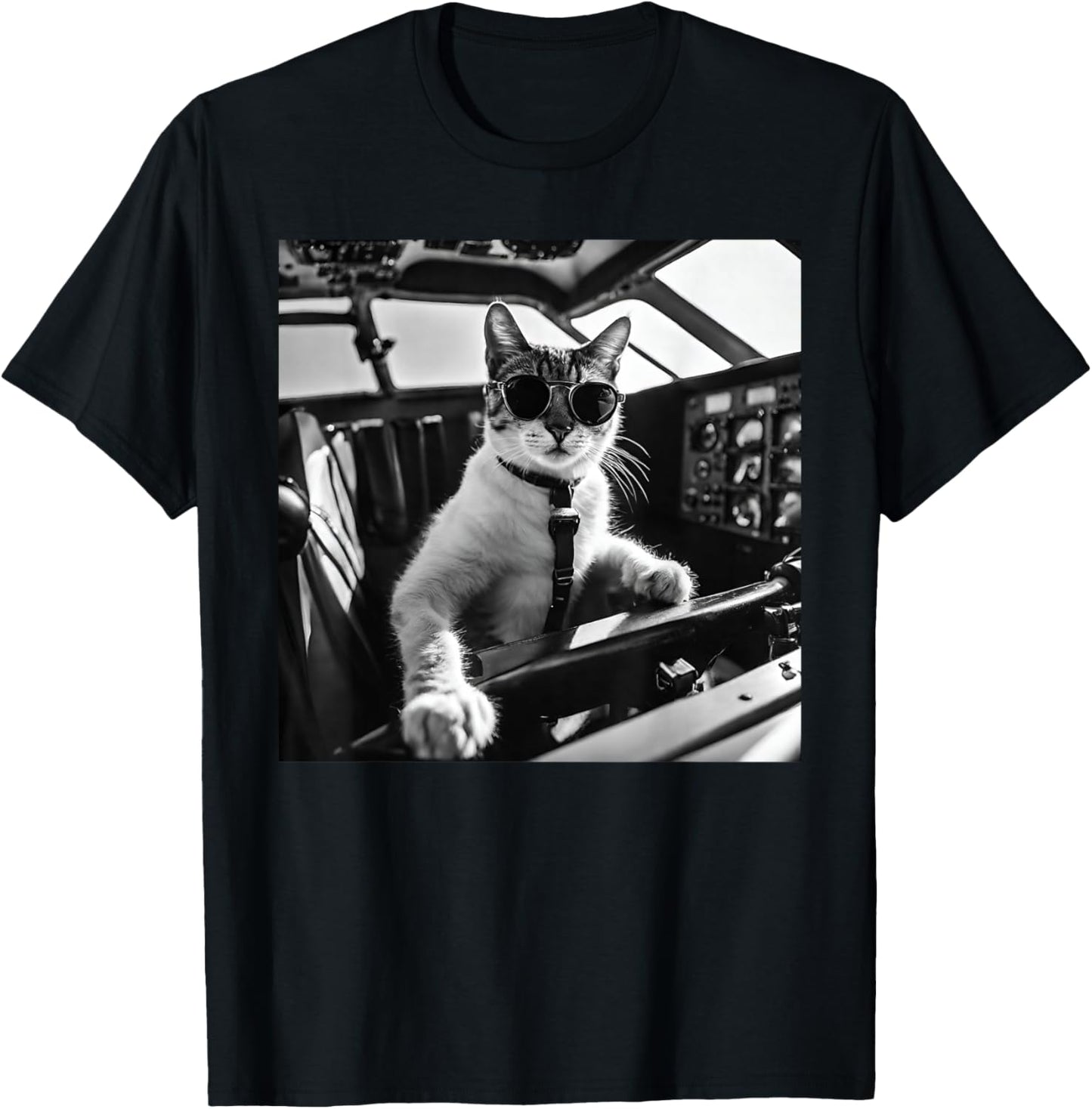 Funny Pilot Cat Wearing Sunglasses Flying A Plane T-Shirt - T-Shirt | Black