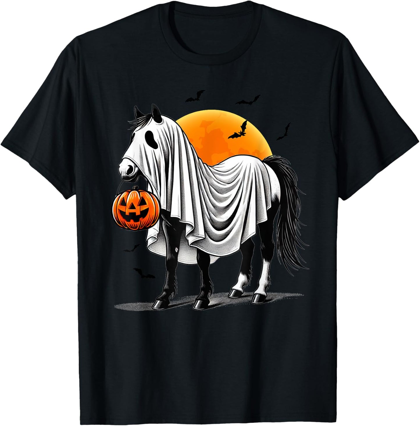 Funny Horse With Jackolantern Ghost Halloween Rider Riding T-Shirt - T-Shirt | Black