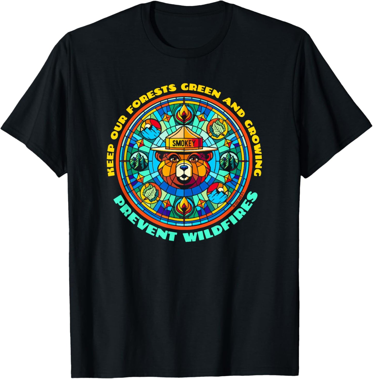Smokey Bear Stained Glass Art Prevent Wildfires Retro T-Shirt - T-Shirt | Black