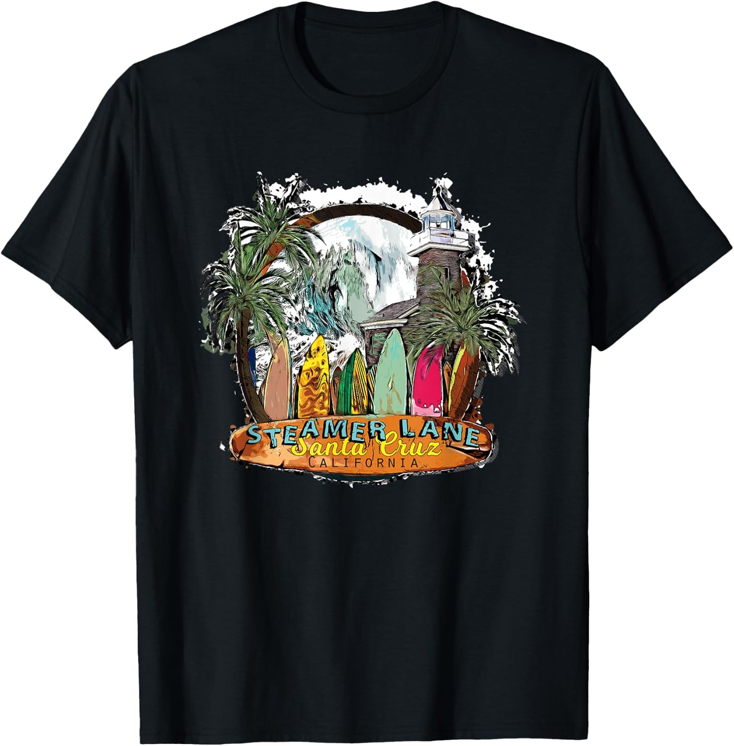 Surfing Santa Cruz Ca Steamer Lane Surf Town Souvenir T-Shirt - T-Shirt | Black