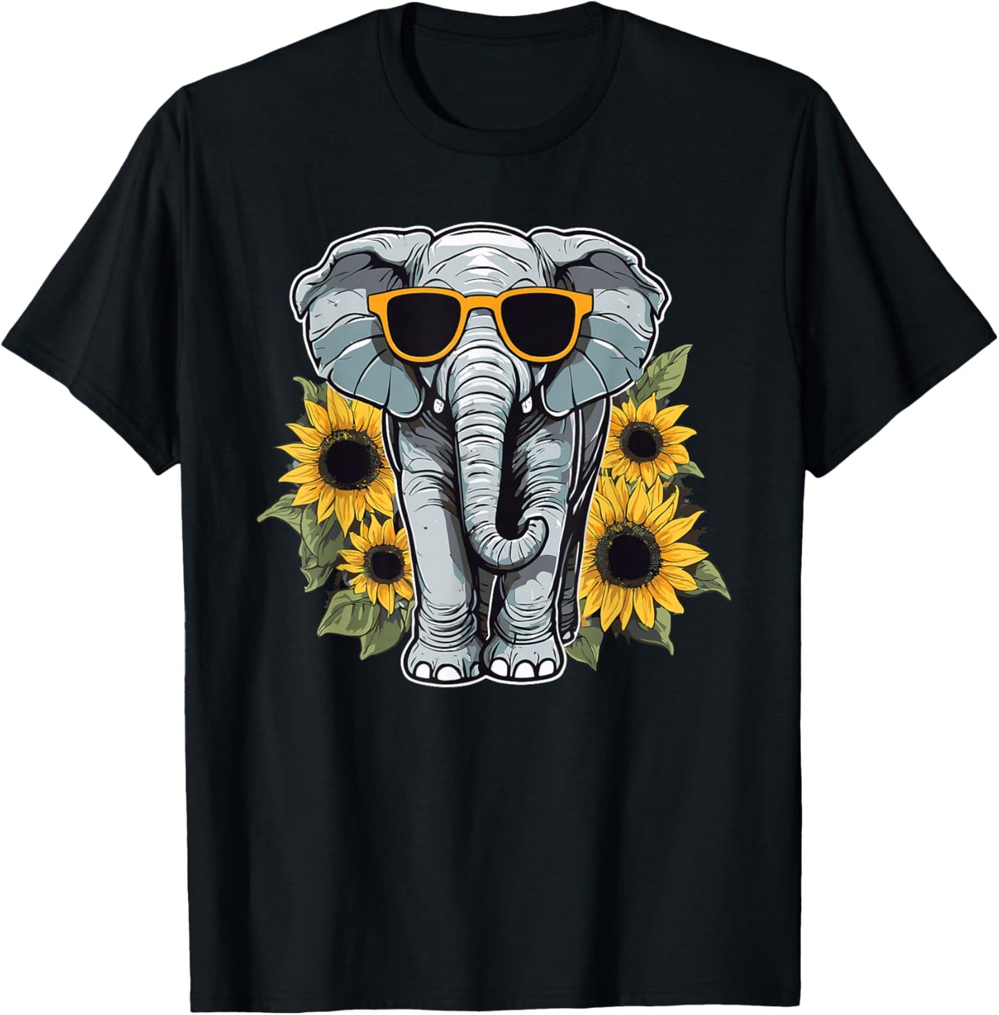 Elephant with Sunglasses and Sunflowers T-Shirt - T-Shirt | Black