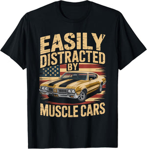 Easily Distracted By Muscle Cars Retro Ride Vibe Auto Fans T-Shirt - T-Shirt | Black