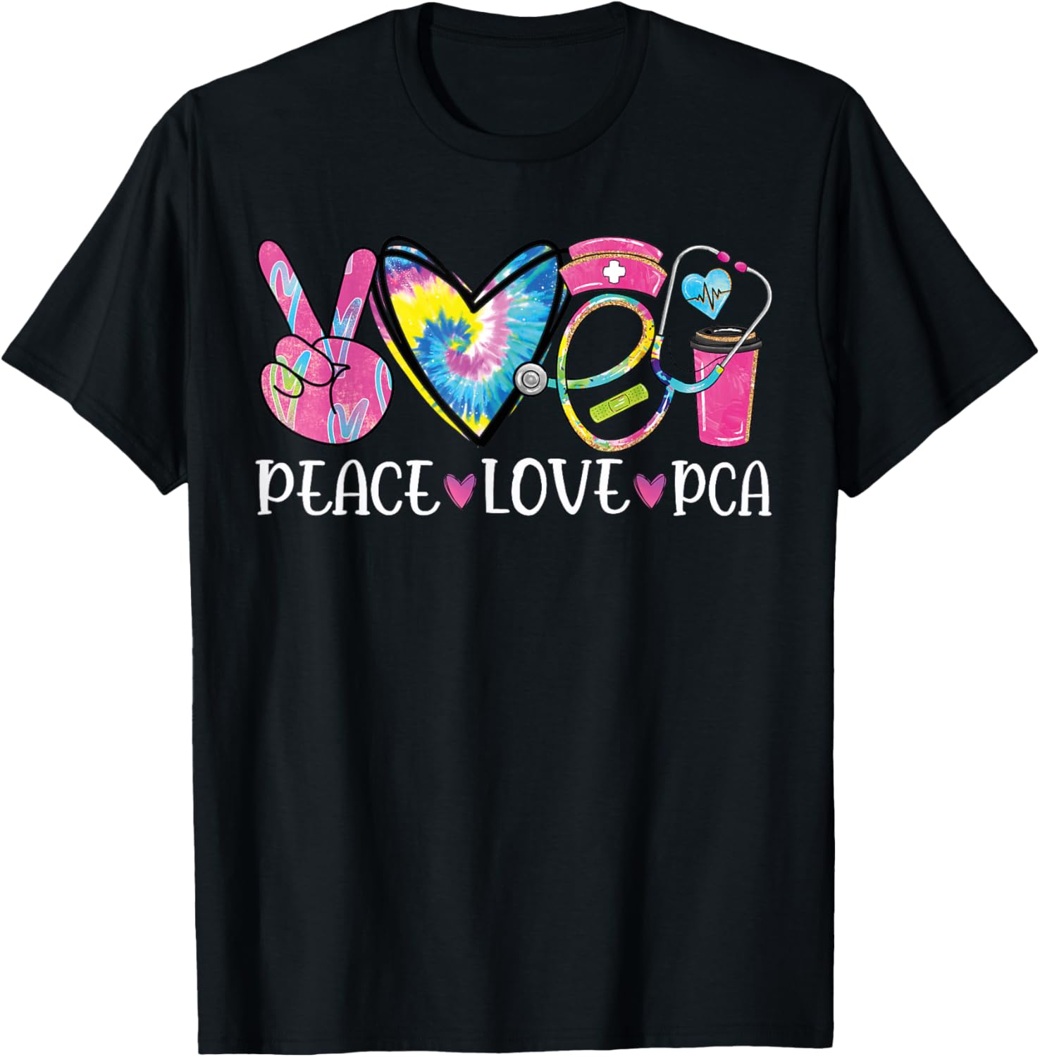 funny pca design Women's Black, Multicolor Heart Stethoscope Design - Small - Short Sleeve - Classic Fit - Cotton Blend - Christmas, Birthday - Women's Nursing PCA Nurse T-Shirt - T-Shirt | Black