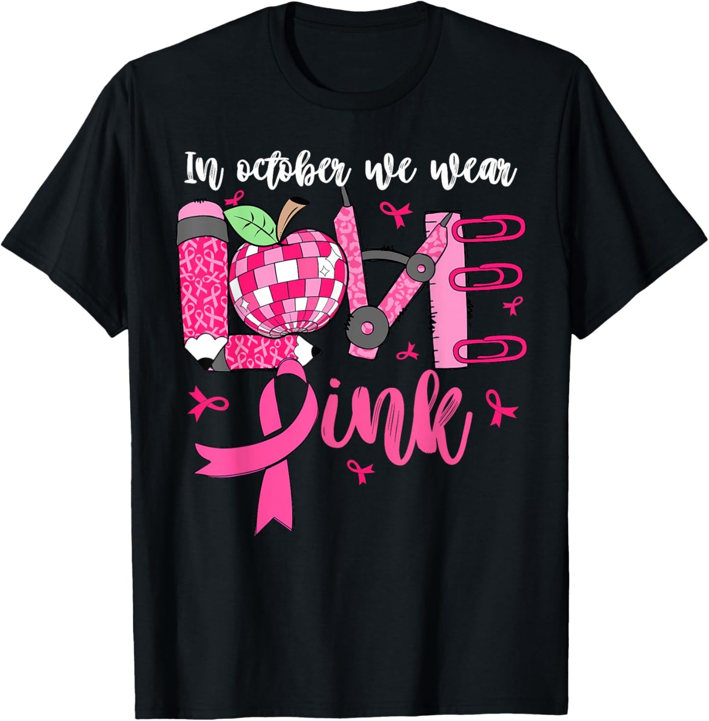In October We Wear Pink LOVE Teacher Leopard Breast Cancer T-Shirt - T-Shirt | Black