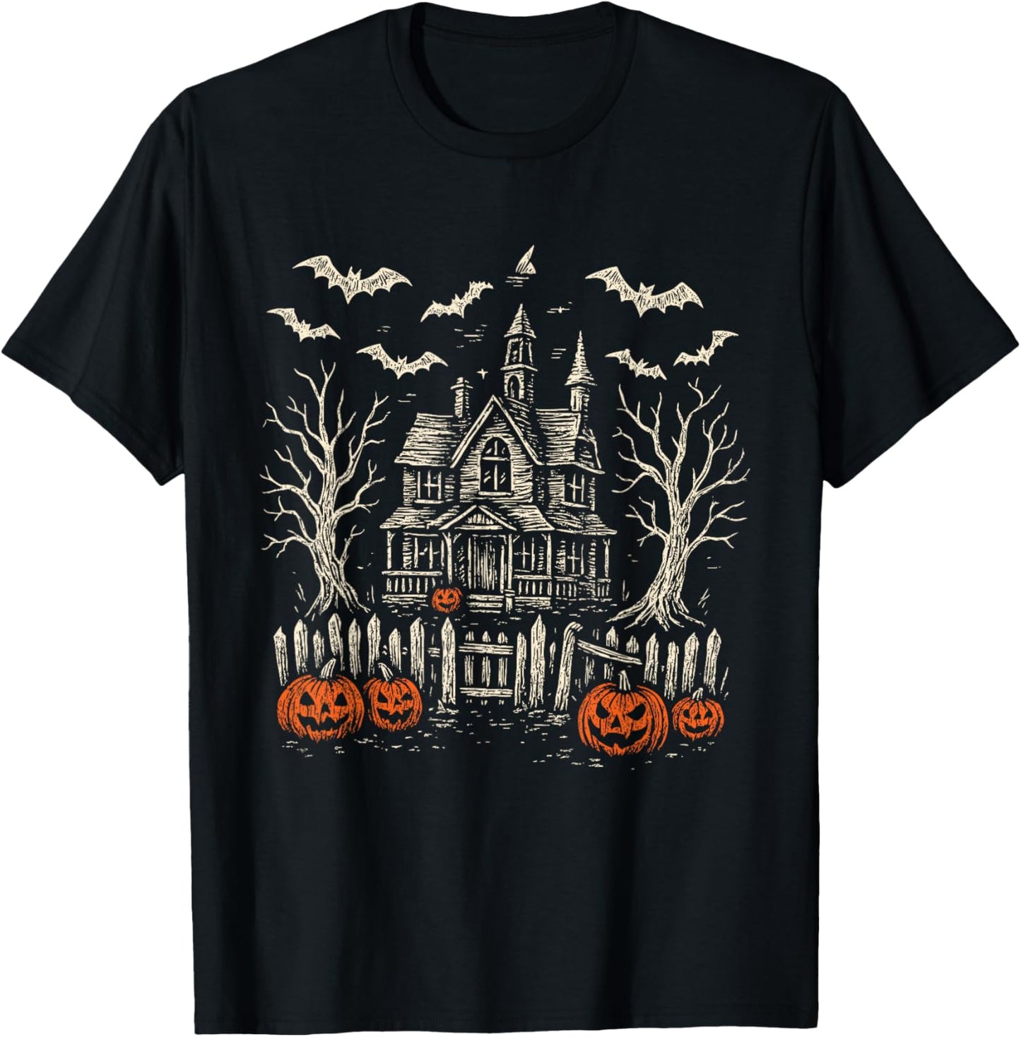 Vintage Haunted Creepy House Halloween Spooky Pumpkin T-Shirt - T-Shirt | Black