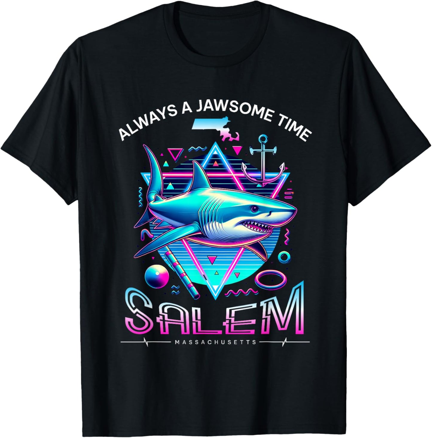 Salem MA Shark Retro 80s Funny Souvenir T-Shirt - T-Shirt | Black