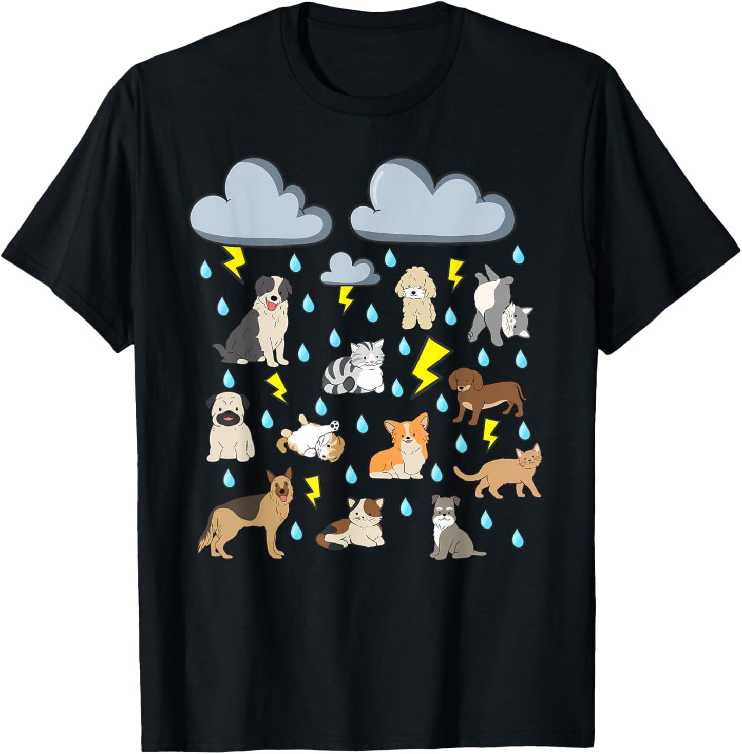 Funny English Idiom Raining Cats and Dogs Puppies Kitten pet T-Shirt - T-Shirt | Black