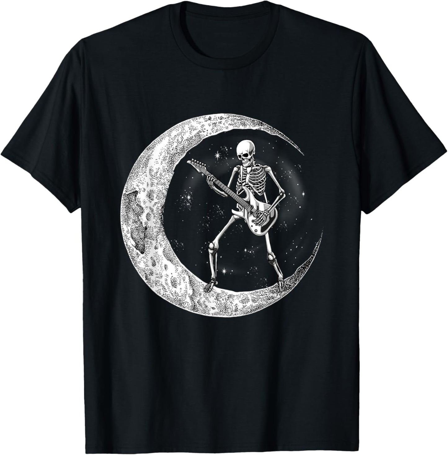 Skeleton Moon Rock & Roll Musician Guitar Lover Halloween T-Shirt - T-Shirt | Black