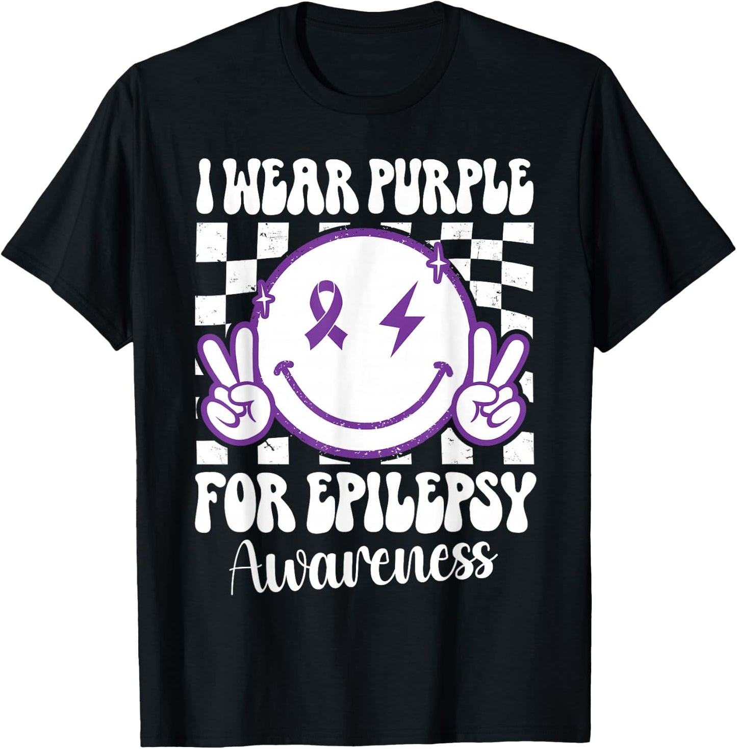 I Wear Purple For Epilepsy Awareness Smile Face Epilepsy T-Shirt - T-Shirt | Black