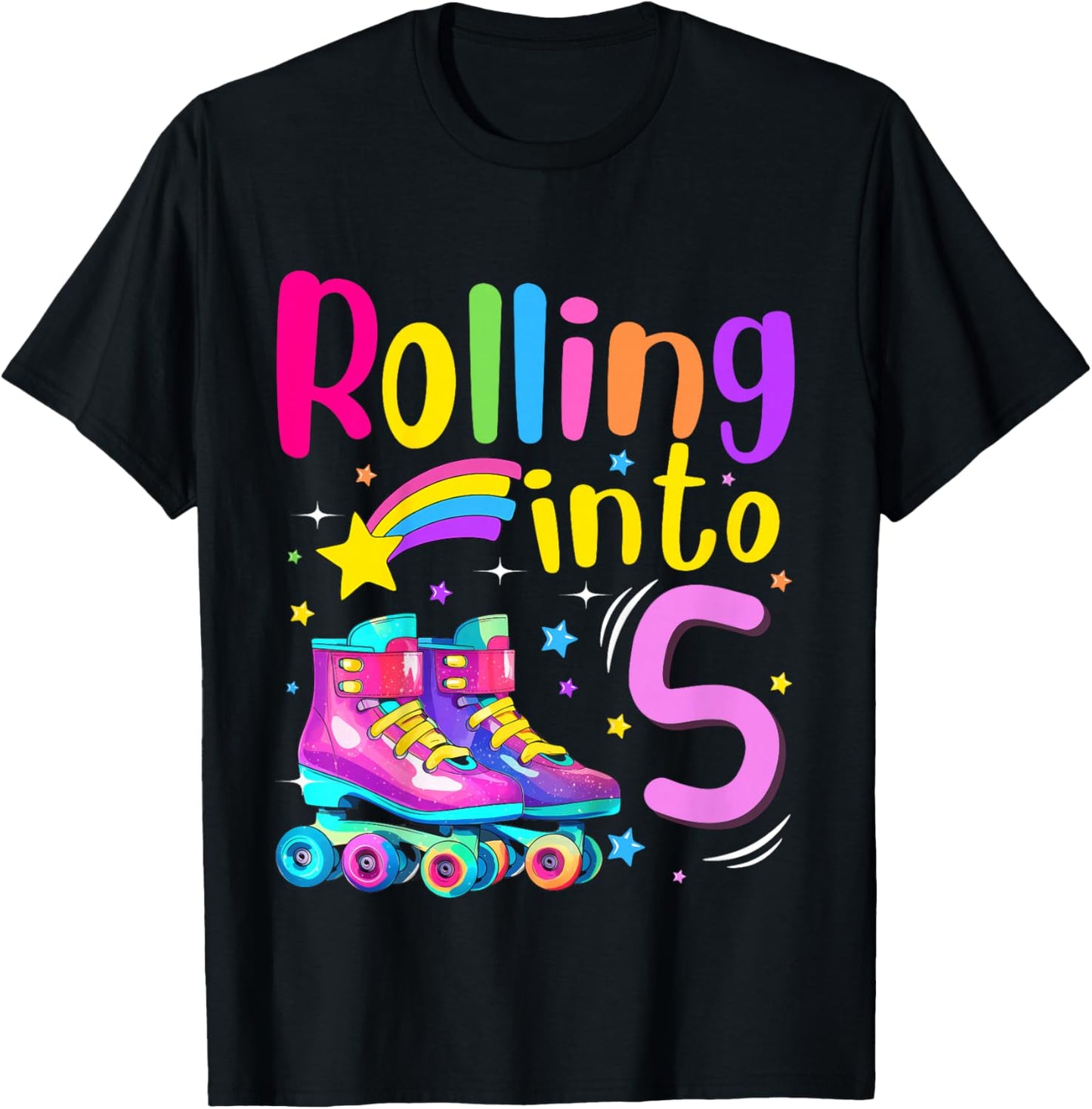 5th Bday Rolling Into 5 Birthday Girl Roller Skate Party T-Shirt - T-Shirt | Black