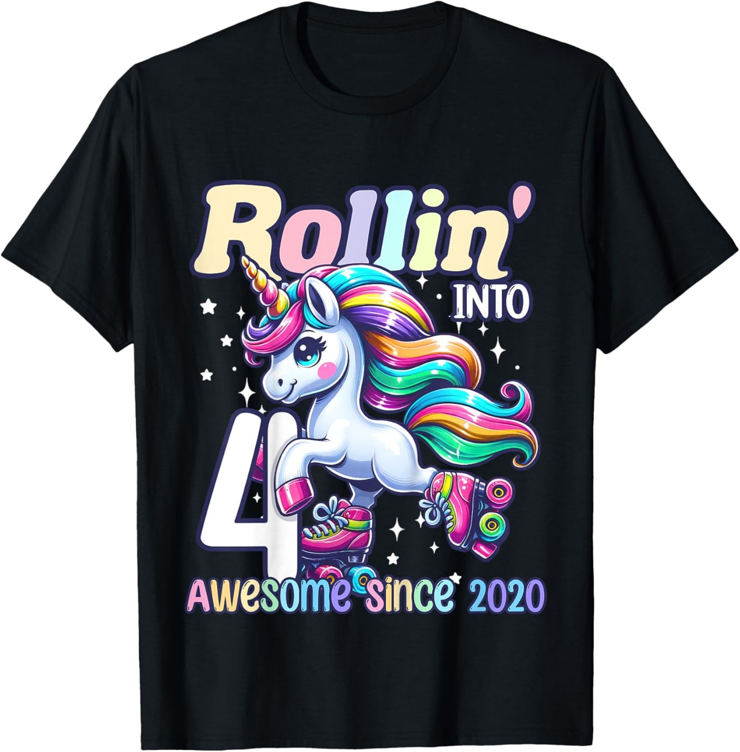Unicorn 4th Birthday 4 Year Old Roller Skate Party Girls T-Shirt - T-Shirt | Black