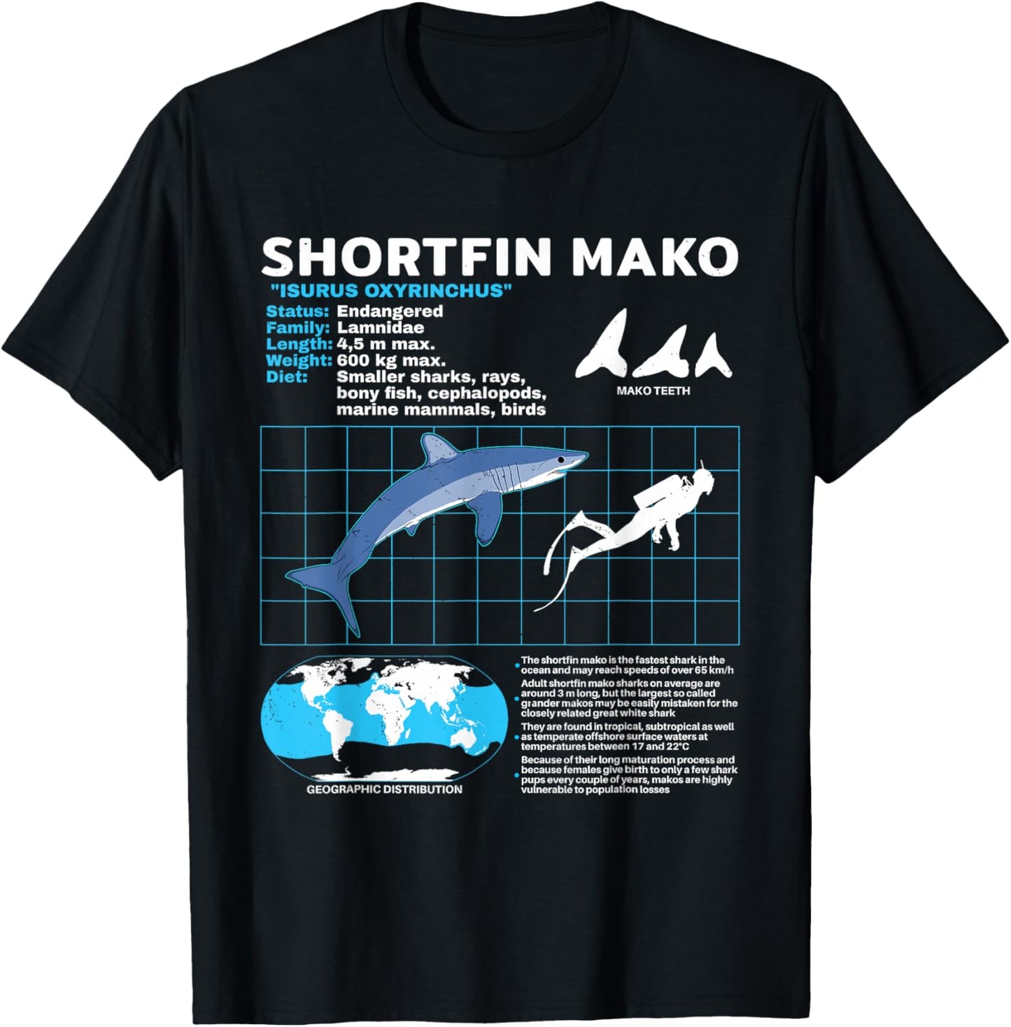 Mako Shark Fact Sheet T-Shirt - T-Shirt | Black