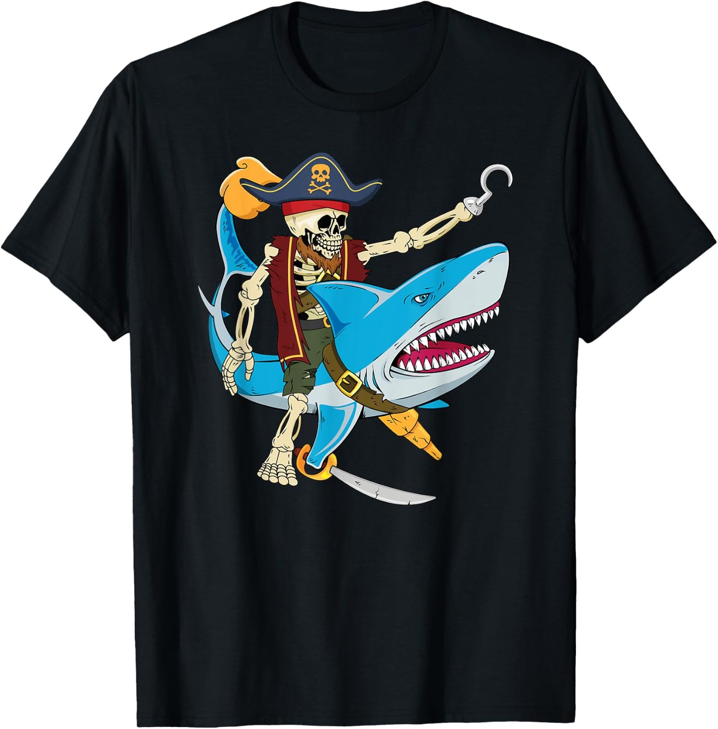 Skeleton Pirate Riding Shark Halloween Kids Boys T-Shirt - T-Shirt | Black