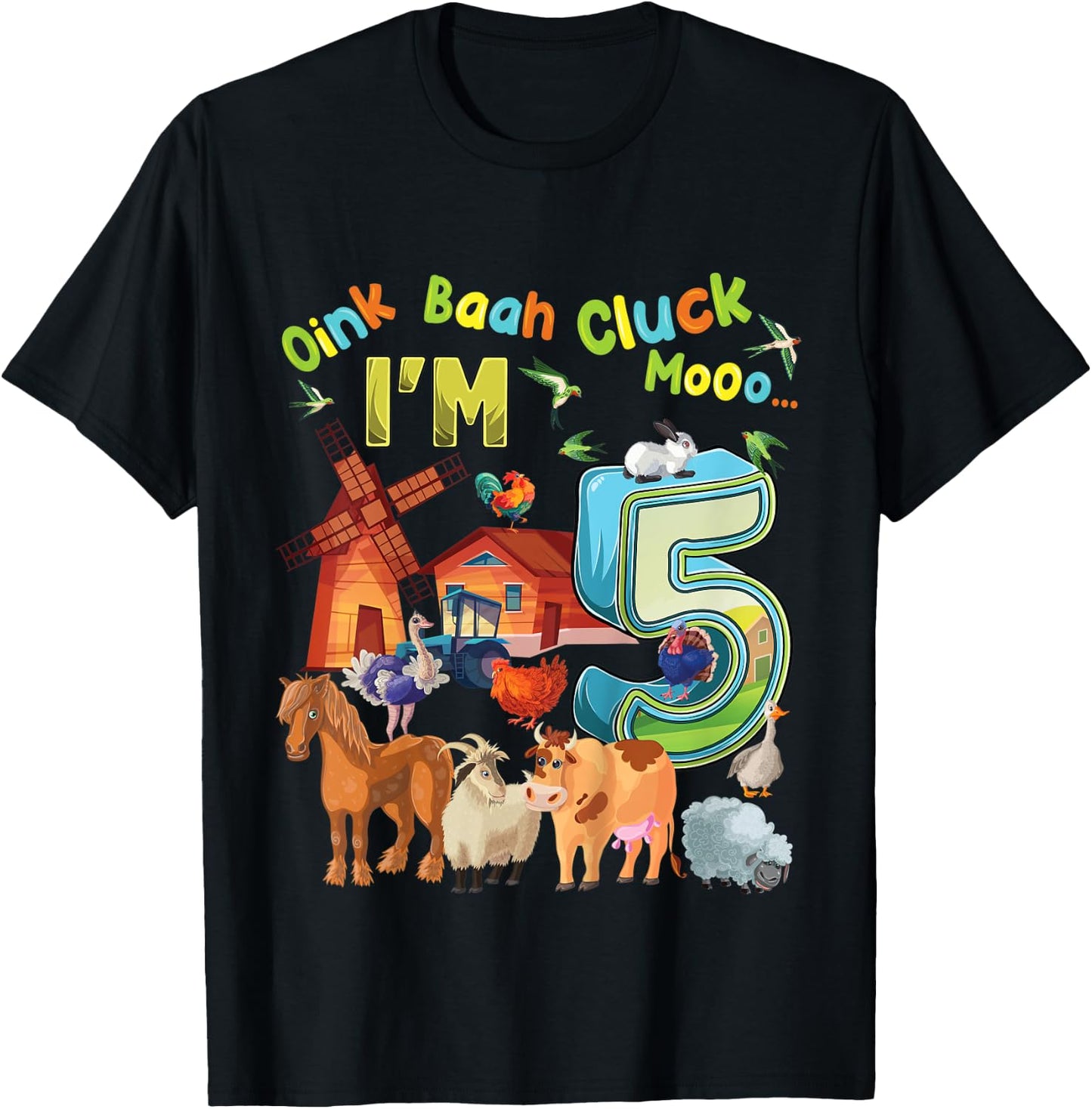Kids Barnyard 5th Birthday Farm Animals 5 Years Old Farming T-Shirt - T-Shirt | Black