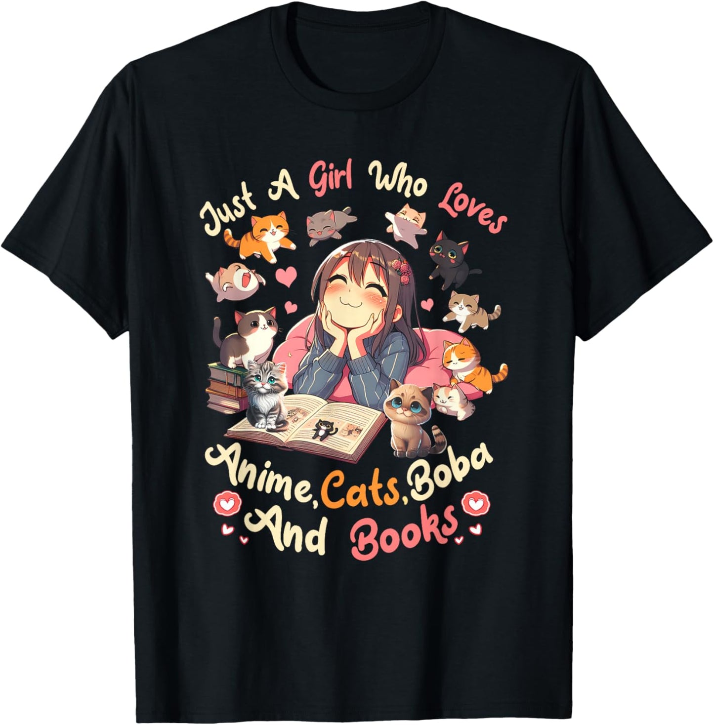 Just Girl Who Loves Anime Cats Boba And Books Bubble Tea T-Shirt - T-Shirt | Black
