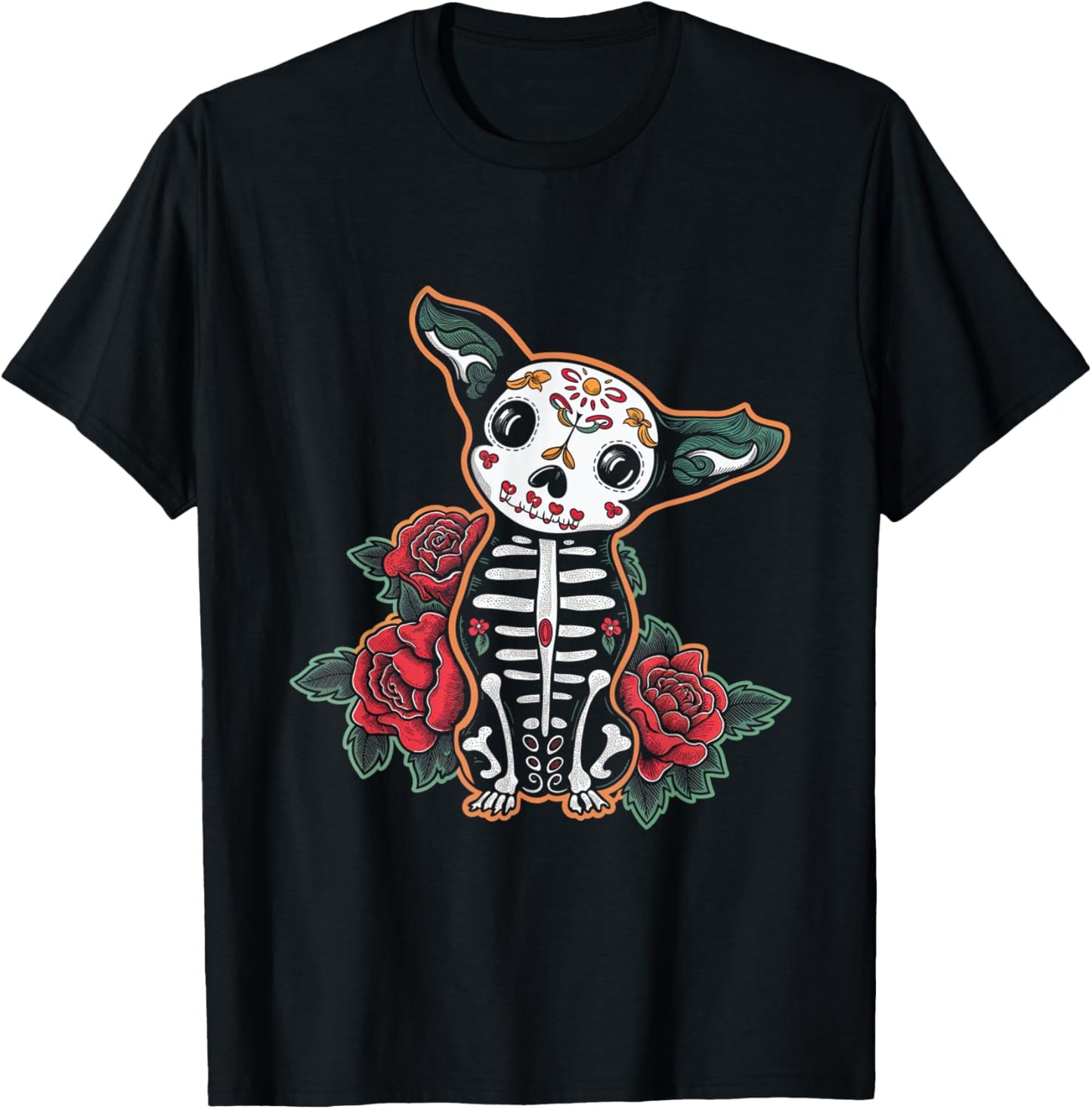 Calavera Chihuahua Skeleton Floral Colorful Art T-Shirt - T-Shirt | Black
