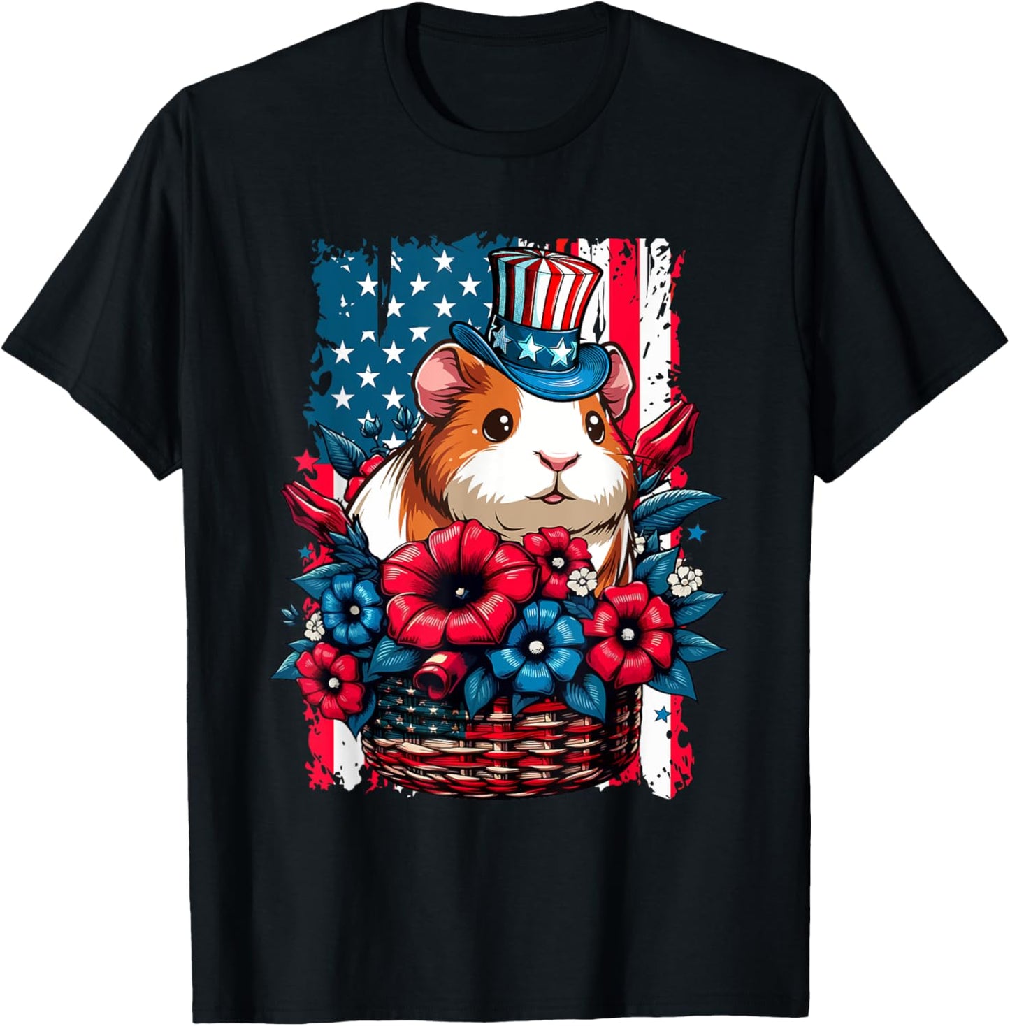 Guinea Pig Inside Flowers Basket 4th July US Flag Patriotic T-Shirt - T-Shirt | Black