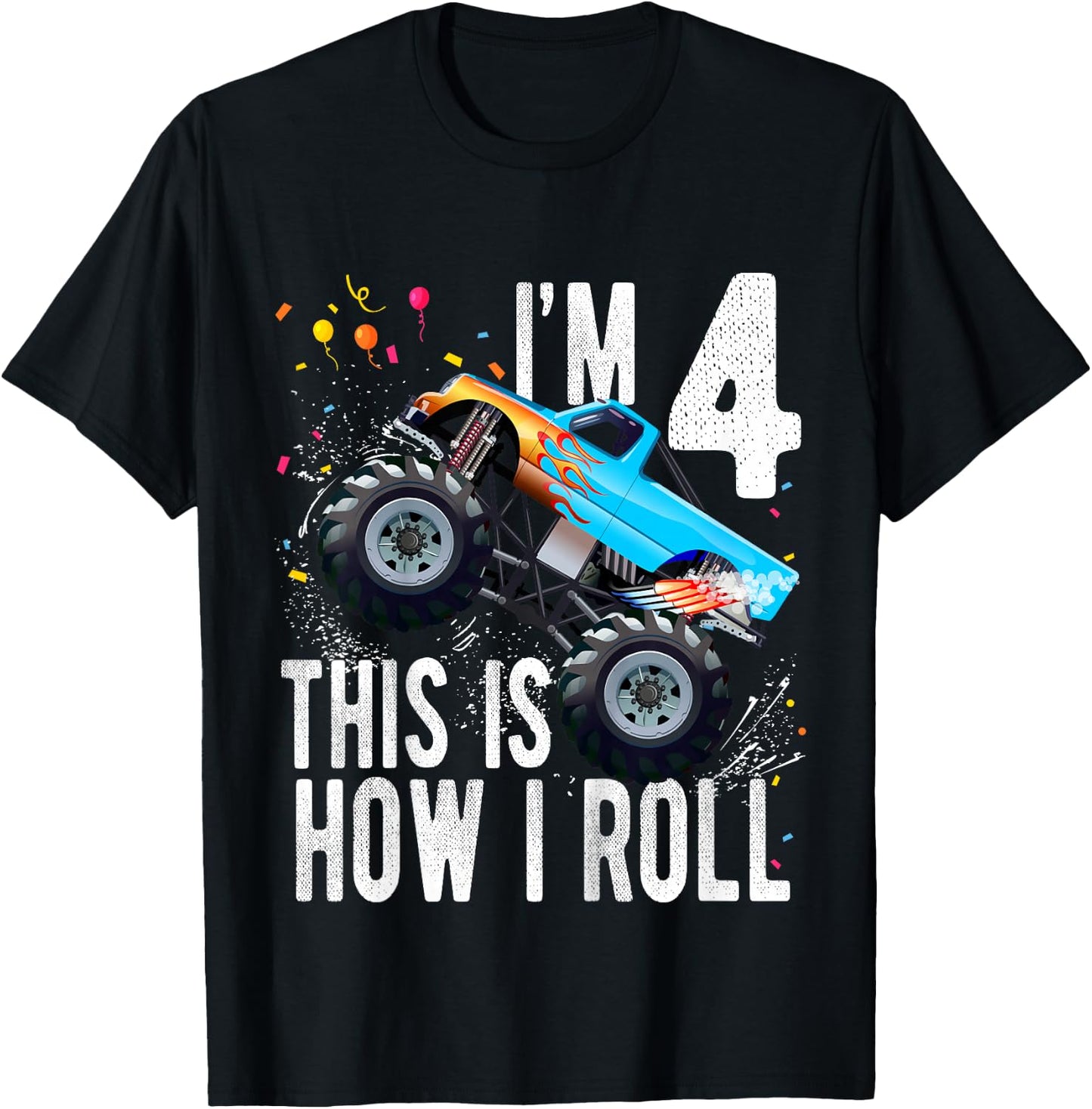 Kids 4 Year Old 4th Birthday Boy Monster Truck Car T-Shirt - T-Shirt | Black