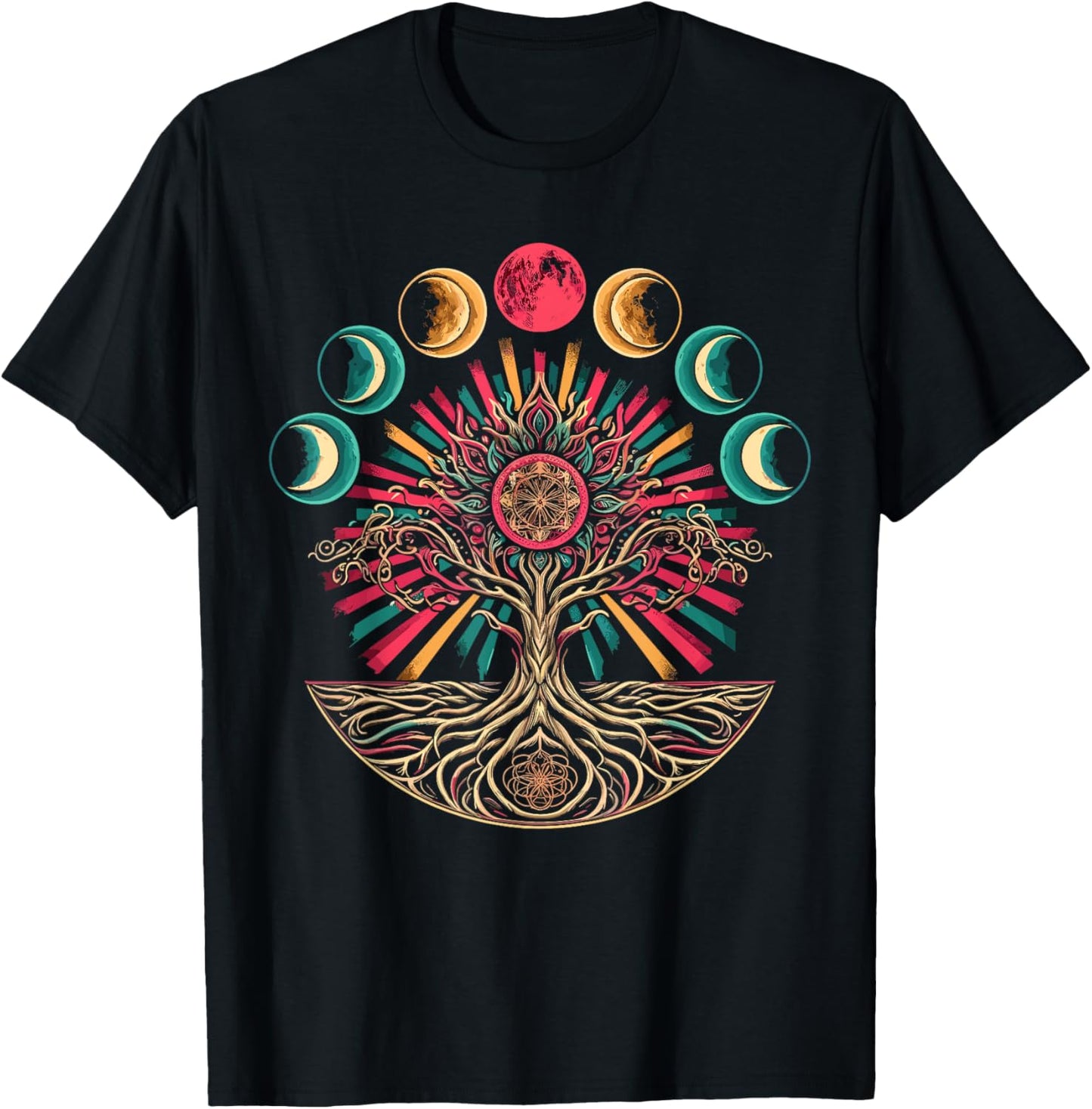 Phases of the Moon Retro 60's 70's Vibe Tree T-Shirt - T-Shirt | Black