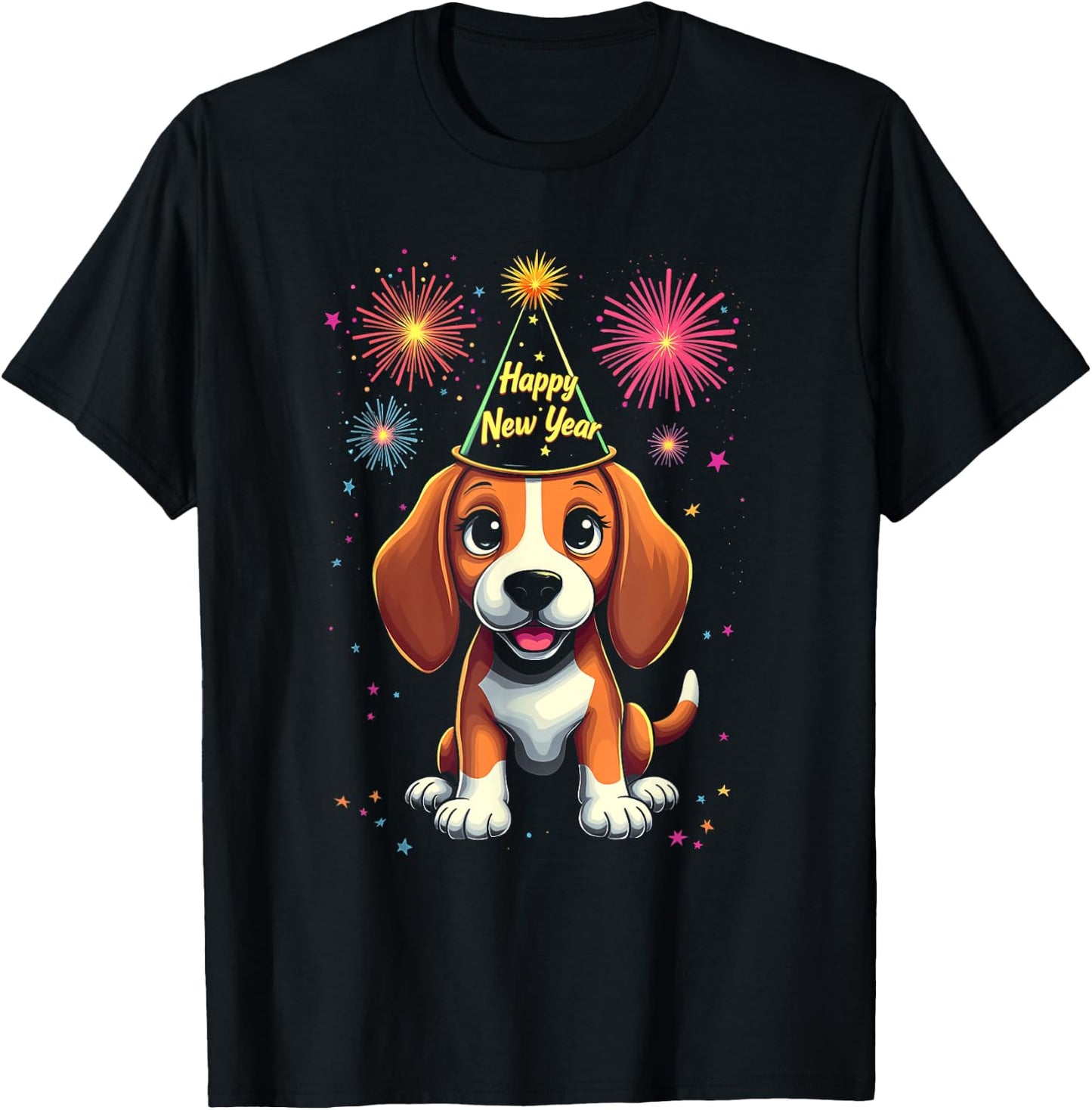 Happy New Year 2025 Eve Firework Dog Funny Beagle T-Shirt - T-Shirt | Black