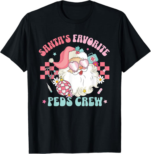 Retro Pink Christmas Santa's Favorite PEDS Nurse Pediatrics T-Shirt - T-Shirt | Black