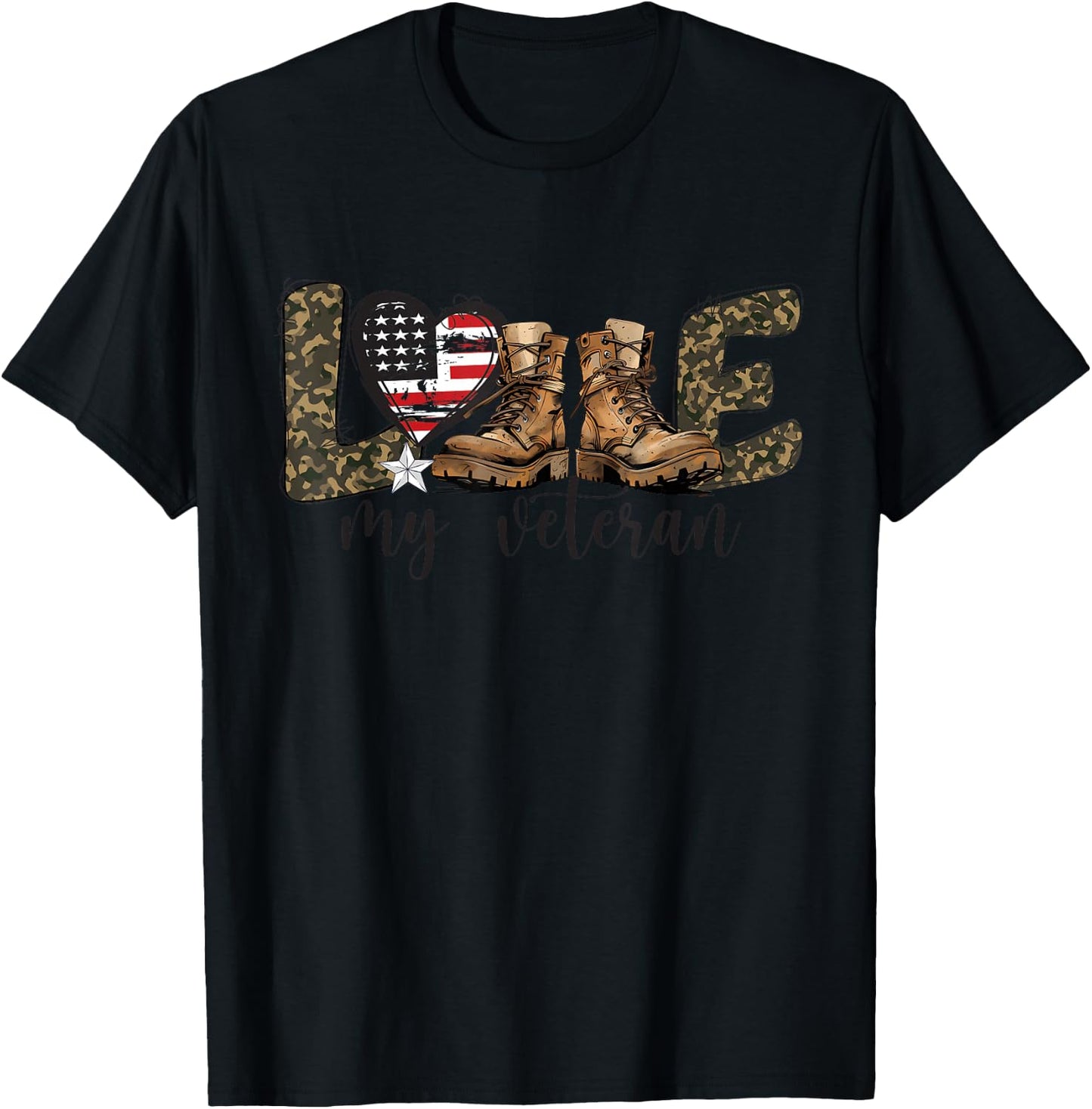 I Love My Veteran USA Flag Heart Military Veteran Family T-Shirt - T-Shirt | Black