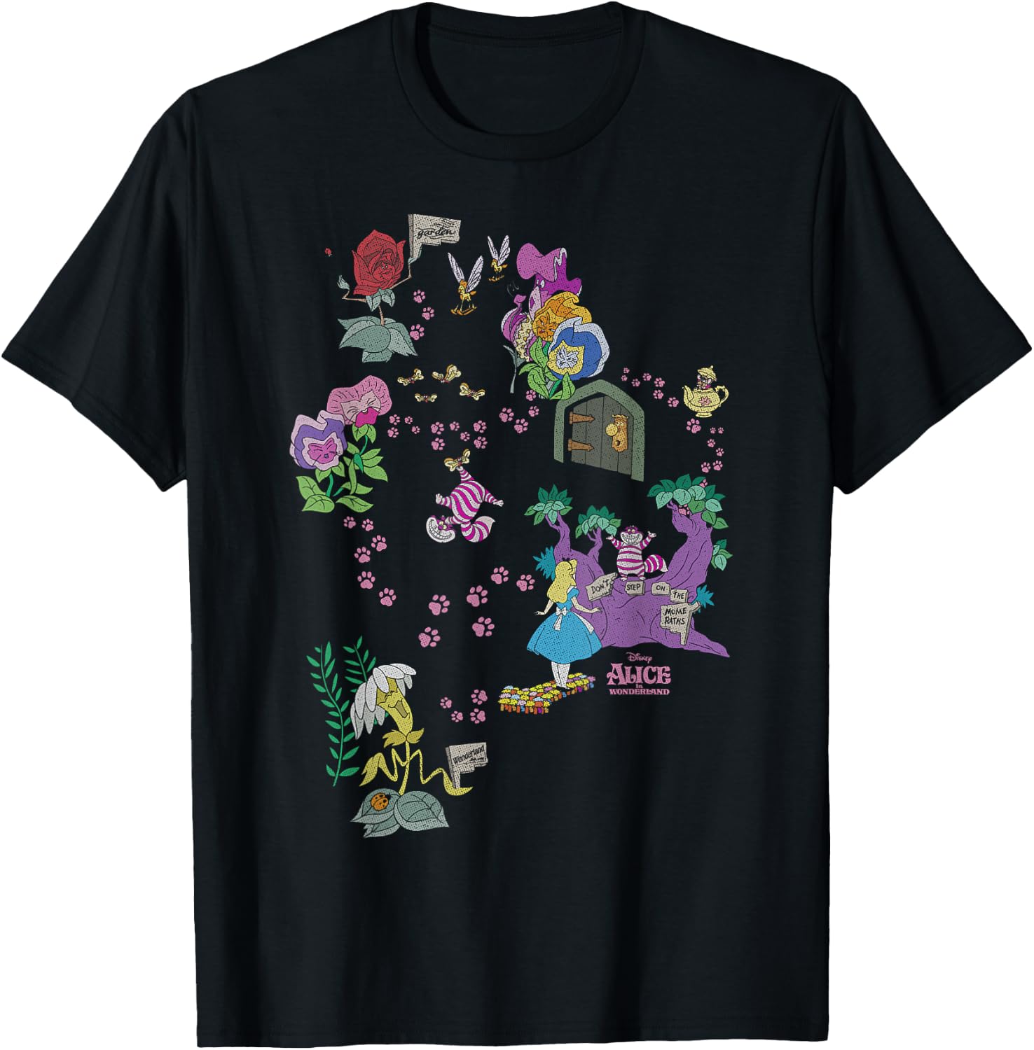 Disney Alice in Wonderland Cheshire Cat Paw Prints Map Small T-Shirt - T-Shirt | Black