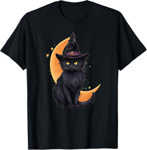 Black Cat Wearing Halloween Witch Hat Cat and Crescent Moon T-Shirt - T-Shirt | Black