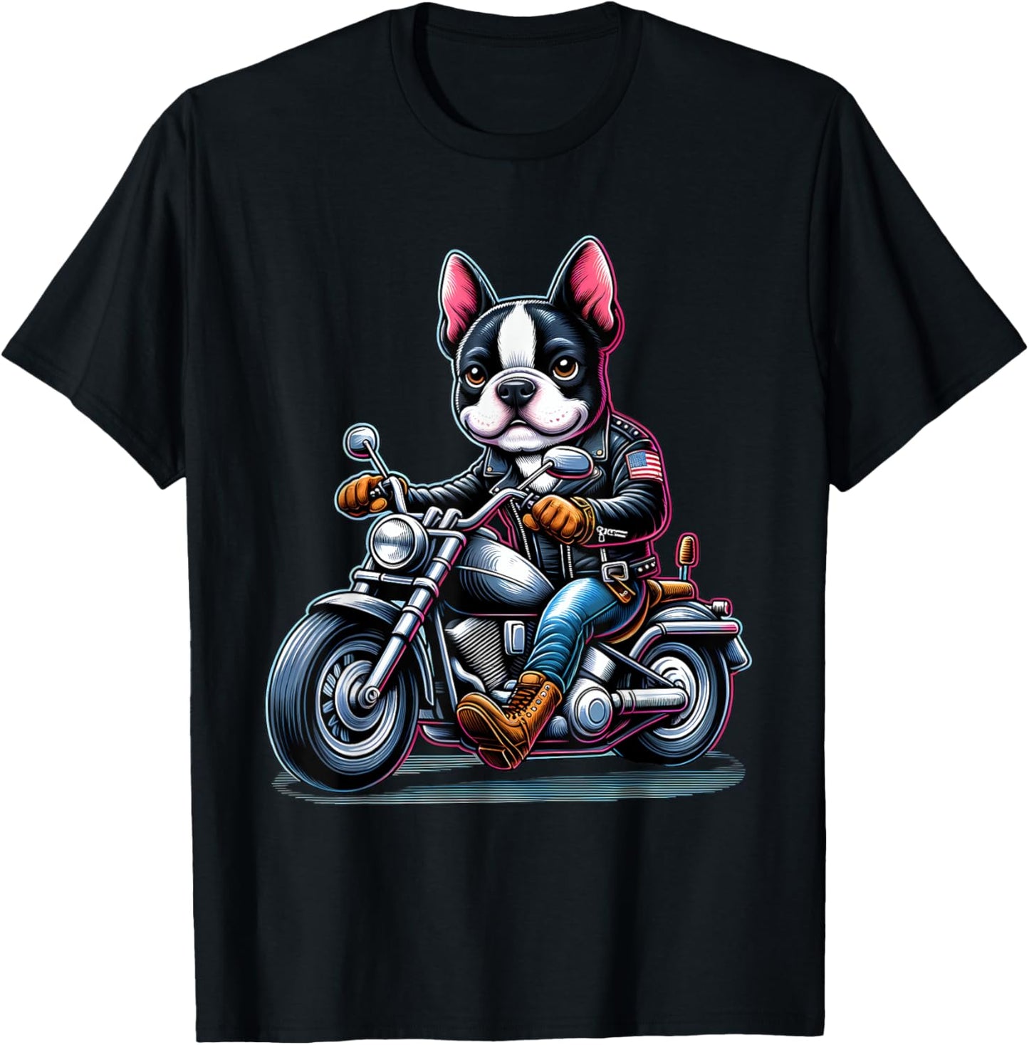 Biker Boston Terrier Dog Riding Motorbike T-Shirt - T-Shirt | Black