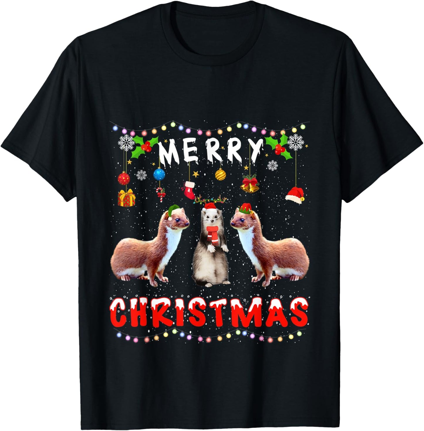 Merry Christmas Weasel Xmas Funny Animals Pajama T-Shirt - T-Shirt | Black
