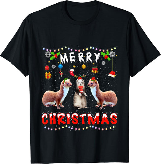 Merry Christmas Weasel Xmas Funny Animals Pajama T-Shirt - T-Shirt | Black