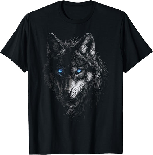 Mystic Wolf with Blue Eyes Animal Art Graphic Wolves T-Shirt - T-Shirt | Black
