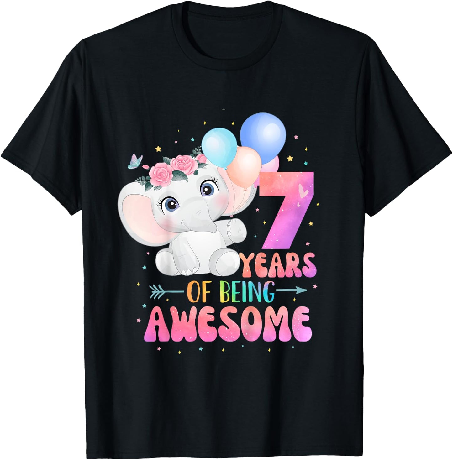 7 Years Of Being Awesome Cute Elephant 7th Birthday Girl T-Shirt - T-Shirt | Black