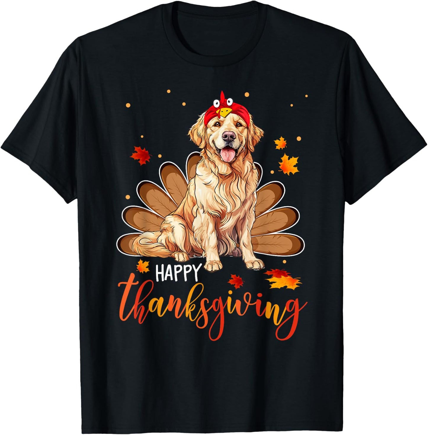 Cute Golden retriever Happy Thanksgiving turkey Dog Women Girls Kids T-Shirt - T-Shirt | Black
