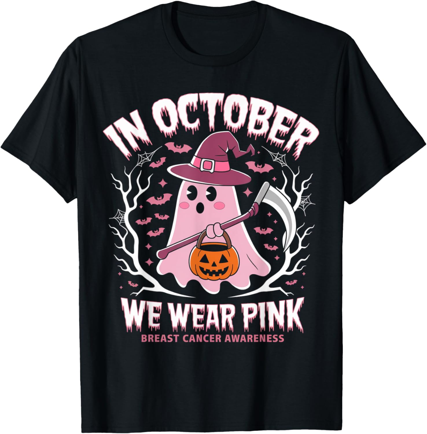 Breast Cancer Women Halloween Ghost In October We Wear Pink T-Shirt - T-Shirt | Black